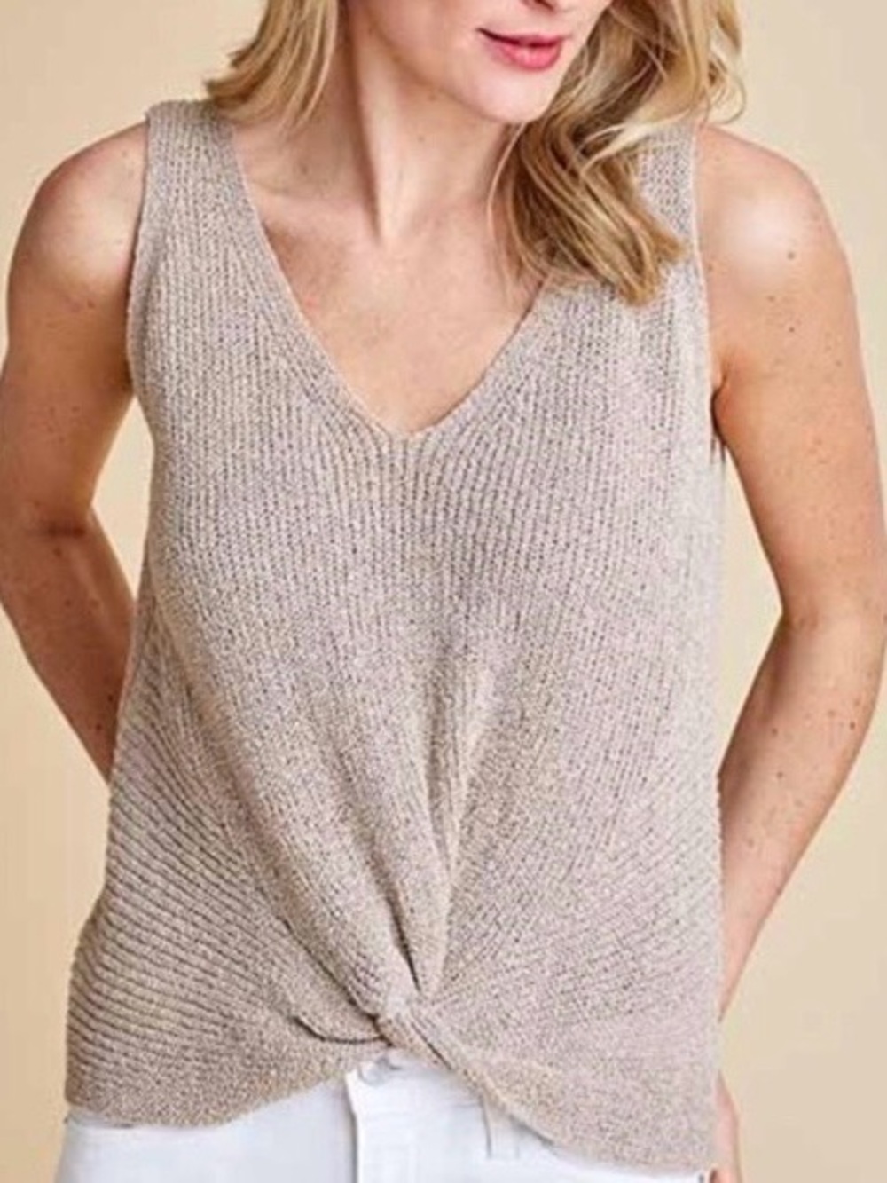Marled Beige Knit V-Neck Tank Top